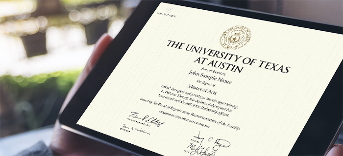 A photo of a diploma displayed on a tablet computer.