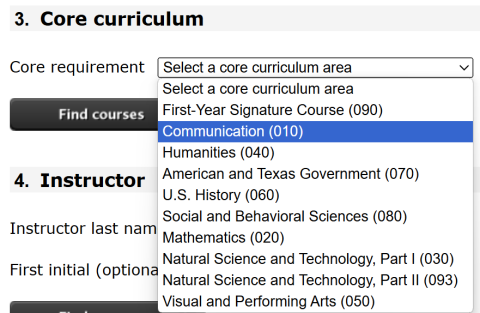 Screenshot of online course schedule number 3 core curriculum drop down menu