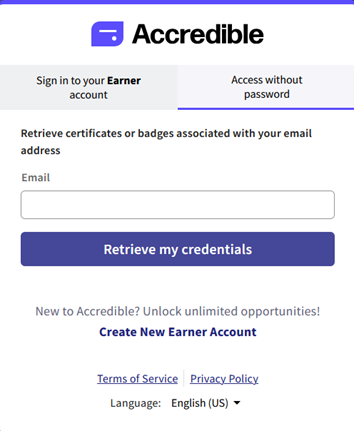 Accredible Retrieve Credentials page
